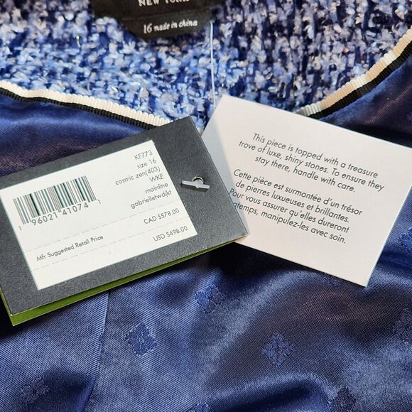 Kate Spade New York Gabrielle Blue Tweed Pearl-Trim Jacket Size 16 - Picture 9 of 14